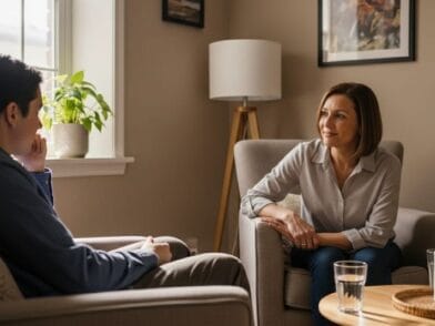 Kobieta w jasnej bluzce rozmawia z mężczyzną w niebieskiej koszuli w przytulnym pomieszczeniu gabinetu psychologicznego, z rośliną w doniczce i lampą w tle.