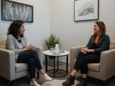 Kobiety siedzące na sofie w przytulnym pomieszczeniu, rozmawiające ze sobą. W tle widać zieloną roślinę i minimalistyczne obrazy na ścianach, a przed nimi znajduje się okrągły stół z filiżankami i wodą.