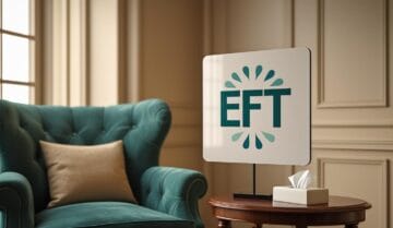 Wnętrze pokoju z miękkim, zielonym fotelem, poduszką i stolikiem, na którym stoi prostokątna tablica z napisem